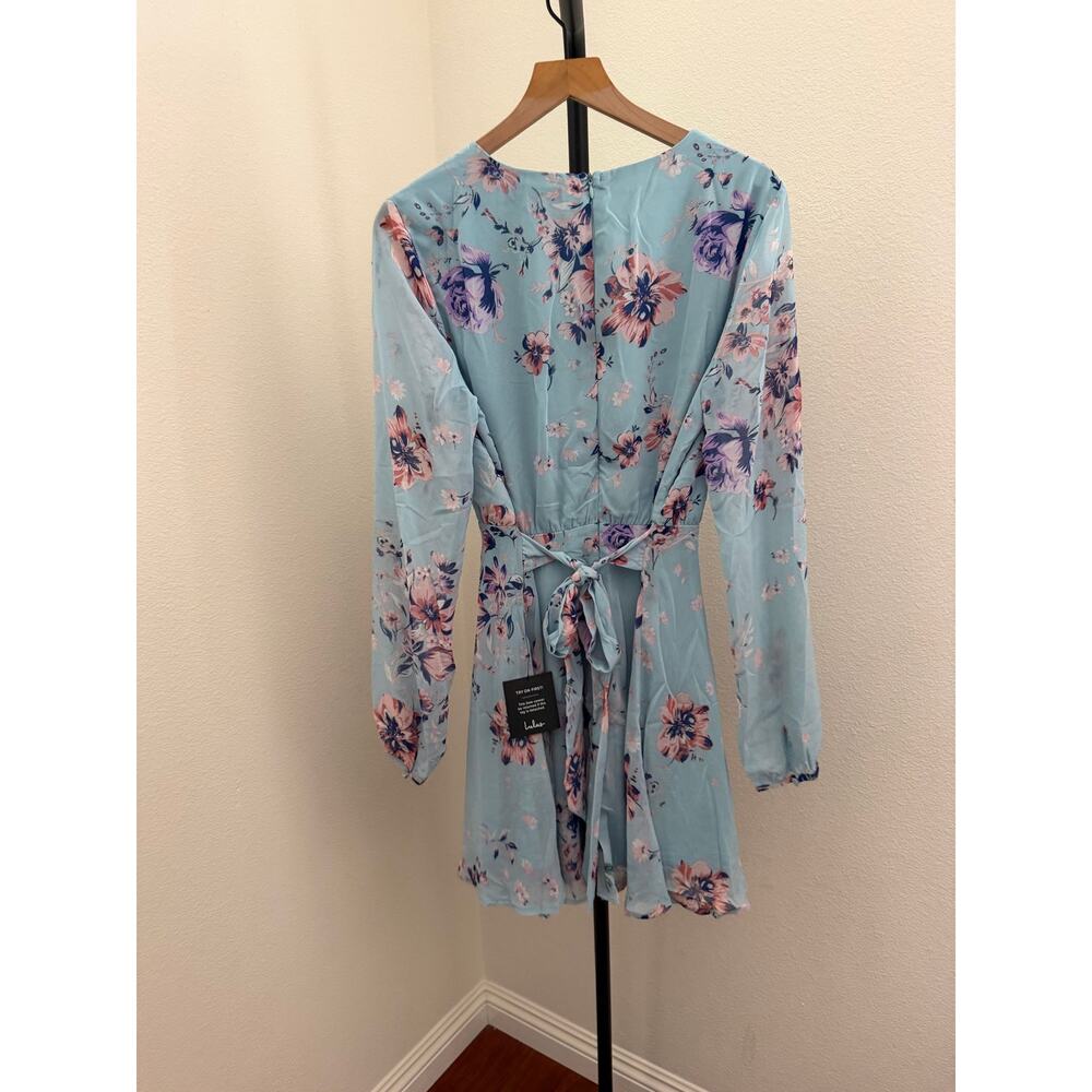New Lulus Always Yours Light Blue Floral Print Long Sleeve Skater Dress Sz L - Picture 7 of 7